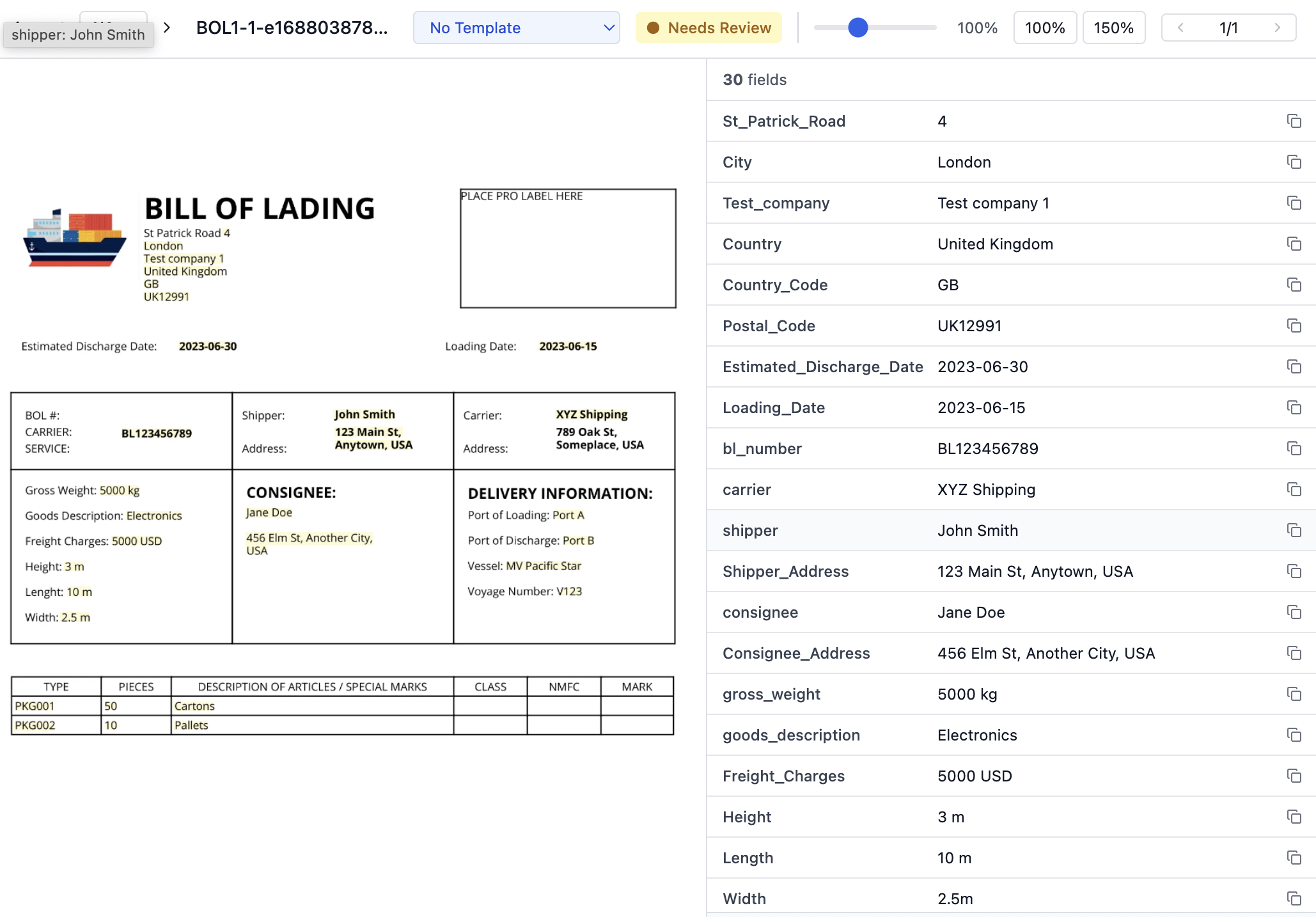 The Docs review page: a rate confirmation on the left, the extracted fields on the right, one field highlighted on the page.