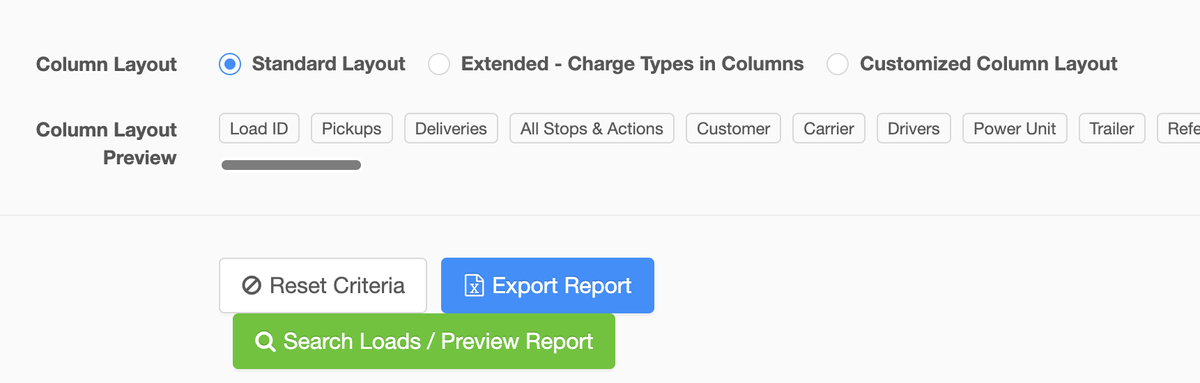 The Column Layout row on Ascend's Load Reports page: Standard Layout, Extended - Charge Types in Columns, Customized Column Layout, the Column Layout Preview chips, and the Export Report button