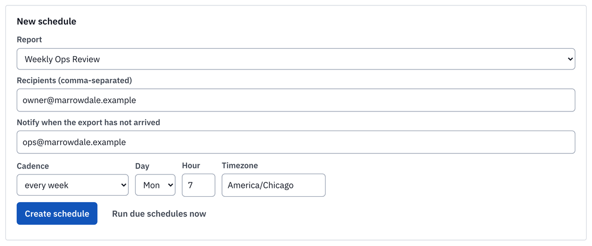 The New schedule form: Weekly Ops Review, recipients, notify when the export has not arrived, every week, Monday, 7, America/Chicago