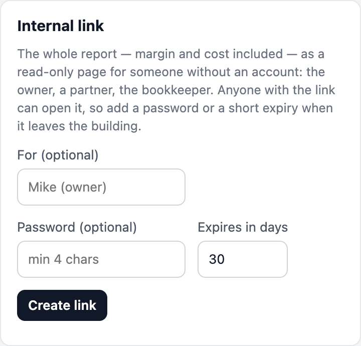 The internal-link card on a saved report: who it is for, an optional password, and an expiry in days