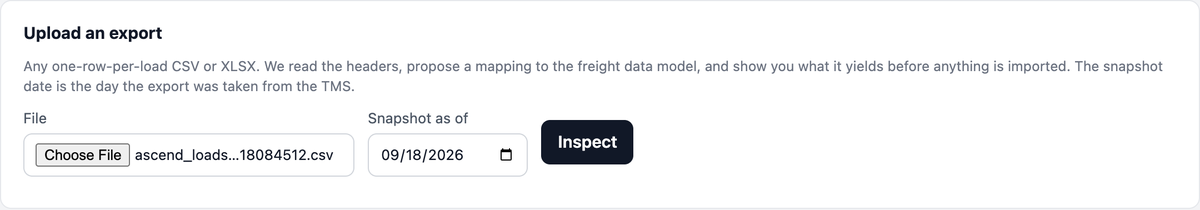 The upload card on the Data page with an Ascend export chosen and the snapshot date read from its name